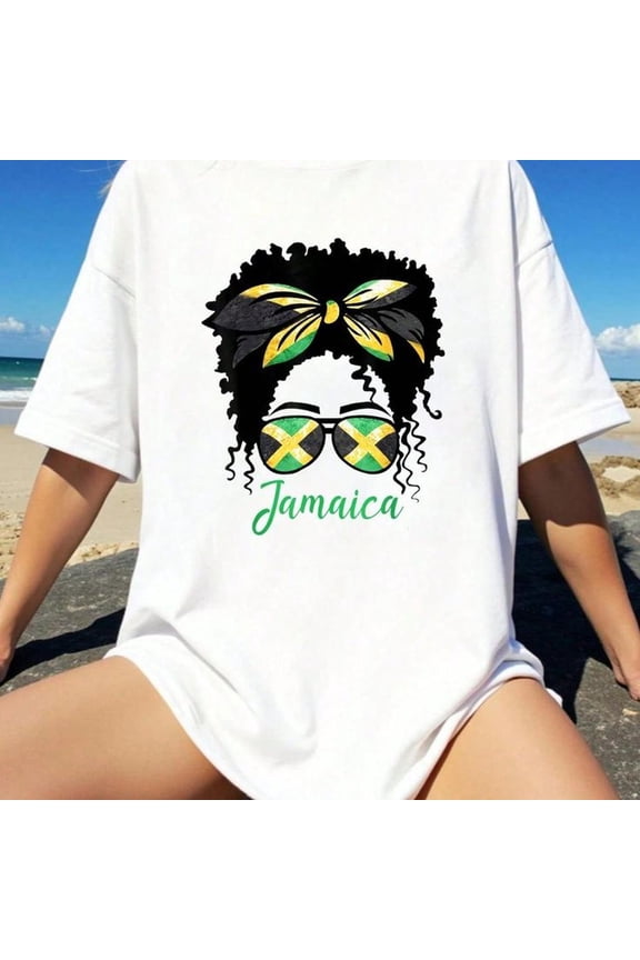100% Cotton Jamaican Girl Jamaica Flag Pride Afro Messy Bun T-Shirt Summer Tops White Top Graphic Tees Women T-Shirt For Women