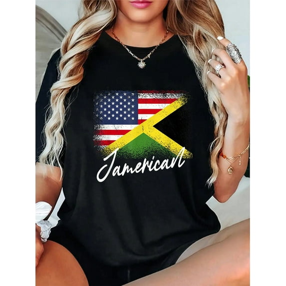 100% Cotton Jamerican - American Jamaican Roots America Jamaica Flag T-Shirt