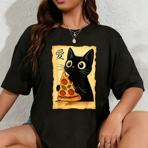 100% Cotton Japanese Kawaii Anime Cat Pizza Aesthetic Cat Eating Pizza T-Shirt