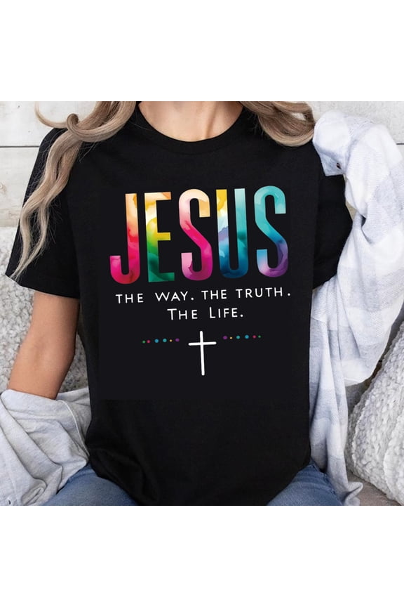 100% Cotton Jesus The Way The Truth The Life Rainbow Cross Christian Faith T-Shirt for Women Men Unisex Religious Shirt