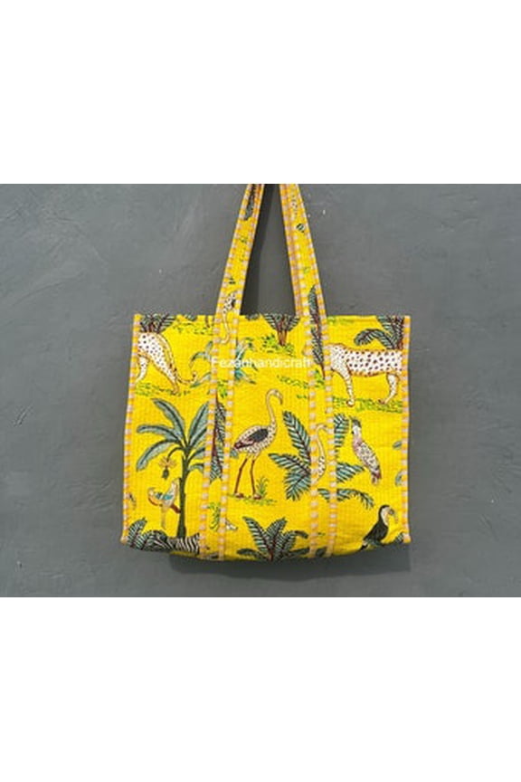 Jungle Print Cotton Tote Bag Eco Friendly Sustainable Sturdy Grocery Women Shopping Market Bag Handmade Boho Quilted Daily Use Tote Bag