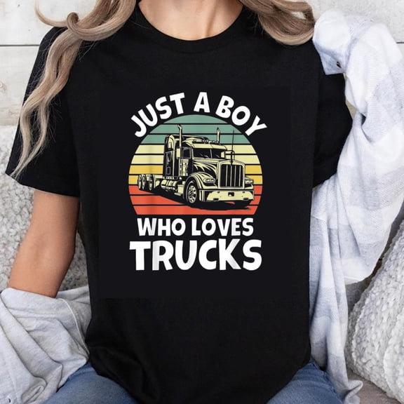 100% Cotton Just A Boy Who Loves Trucks Vintage Truck Driver Graphic T-Shirt