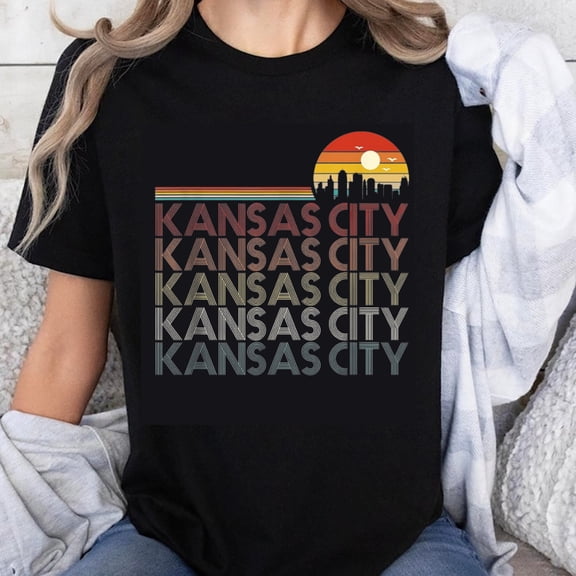 100% Cotton Kansas City Skyline Sunset Retro