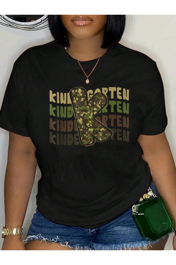 100% Cotton Kindergarten Camo Camouflage Boy Teacher Back to School T-Shirt Women's Graphic Tee Casual Tops