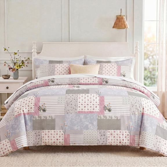 100% Cotton King Duvet Cover Set, Pink Floral Duvet Cover King Size,Soft & Breathable 3-Piece Blush Patchwork Floral Vintage Cottagecore Shabby Chic Bedding Set for All Seasons