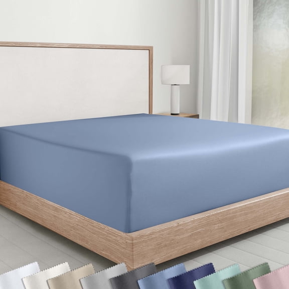 100% Cotton King Fitted Sheet Only, Sateen, Deep Pocket, All-Around Elastic, Head/Foot Side Indicators, Blue Hydrangea