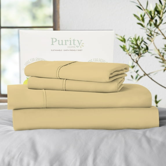 Purity Home King Bed Sheet Set - 100% Cotton Percale, 400 Thread Count - Cool, Crisp, Breathable & Durable 4-Piece - Yellow