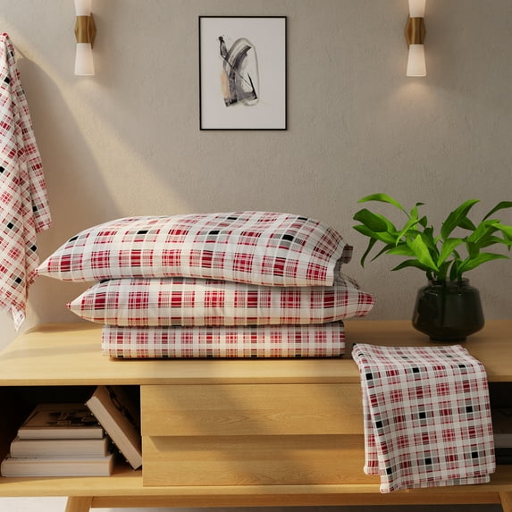 Color Sense 100% Cotton King Red Black Plaid Flannel Sheet Set, Double Brushed and Extra Warm 4-Piece Set