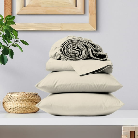 Color Sense 100% Cotton King Sateen Sheet Set, 300 Thread Count Wrinkle Resistant, Quick Dry, Soft & Smooth 4-Piece Set Ivory