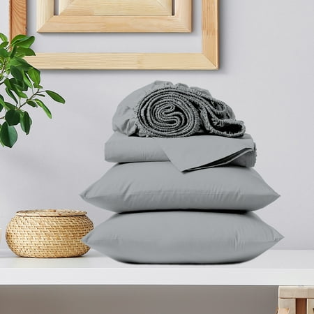 Color Sense 100% Cotton King Sateen Sheet Set, 300 Thread Count Wrinkle Resistant, Quick Dry, Soft & Smooth 4-Piece Set Light Gray