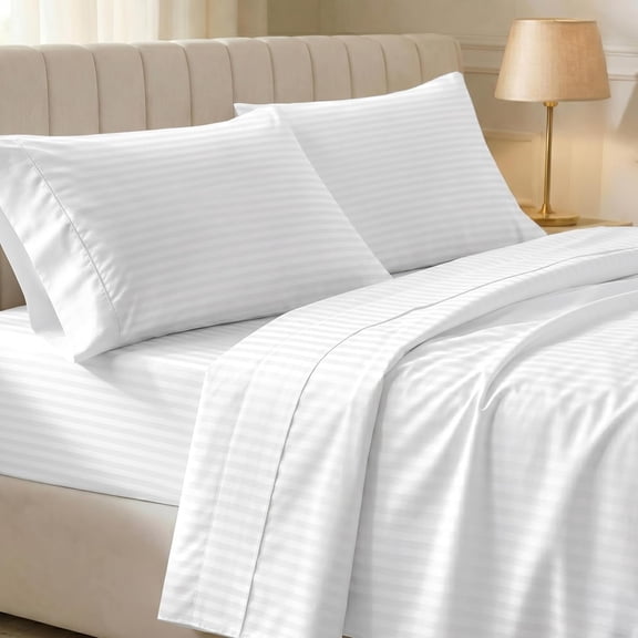 100% Cotton King Sheet Set 400 Thread Count Striped White Sateen Weave Deep Pocket