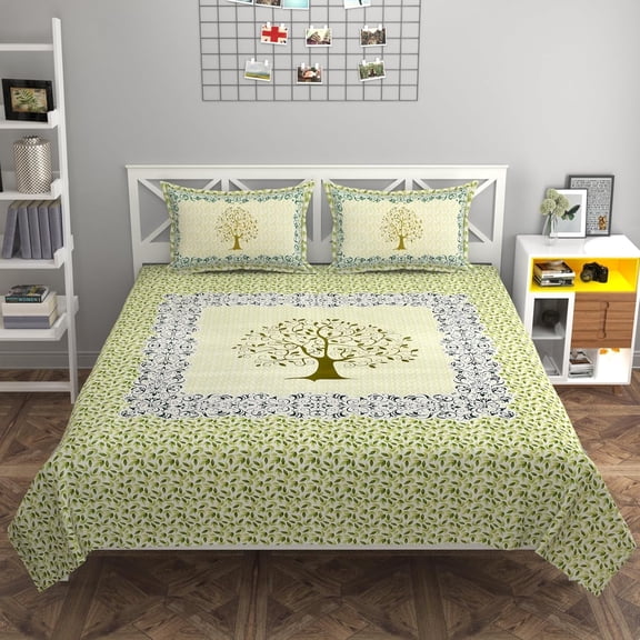 100% Cotton King Size Double Bedsheet With 2 Pillow Covers - 90 X 100 Inches, Green | Traditional Floral Rajasthani Jaipuri Bedsheet