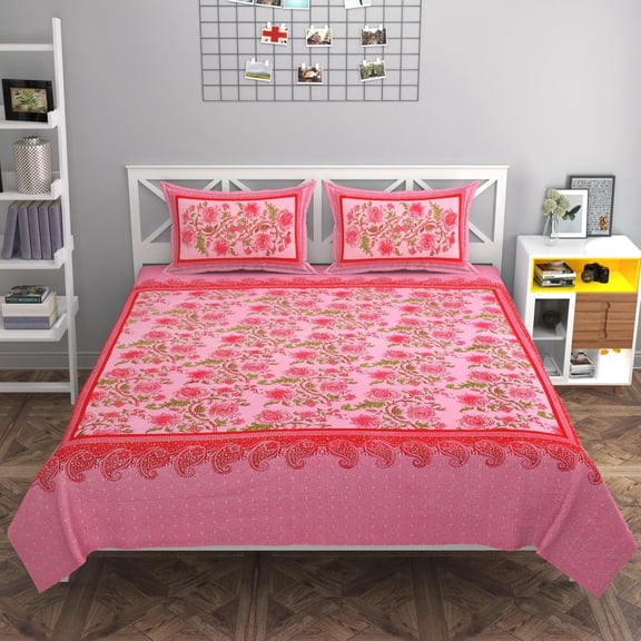 100% Cotton King Size Double Bedsheet With 2 Pillow Covers - 90 X 100 Inches, Pink | Traditional Floral Rajasthani Jaipuri Bedsheet