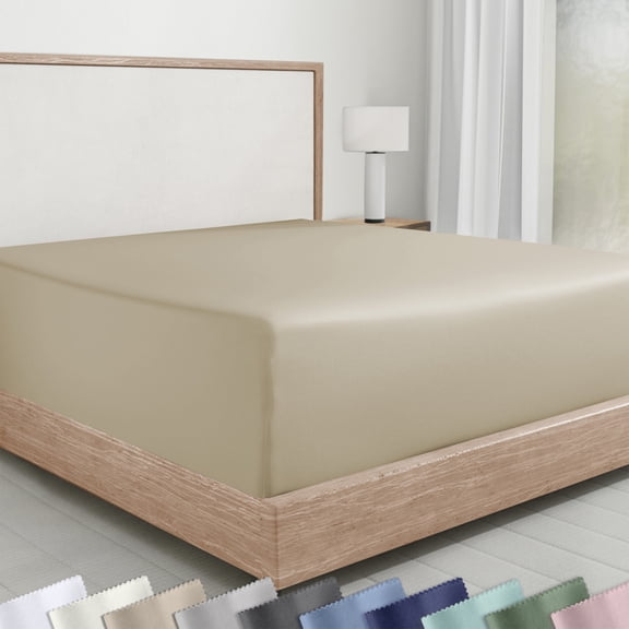 100% Cotton King Size Fitted Sheet Only, Sateen, Deep Pocket, All-Around Elastic, Head/Foot Side Indicators -Warm Taupe