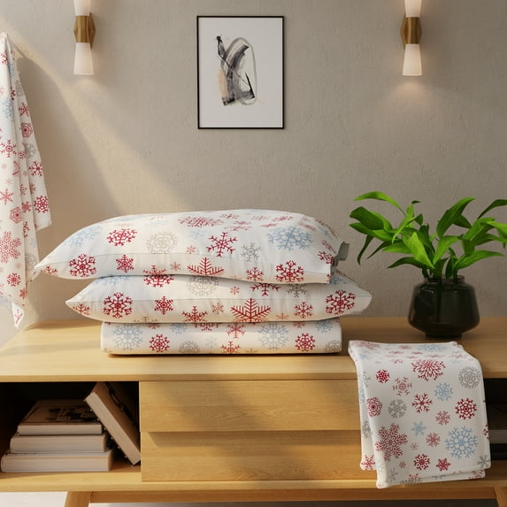 Color Sense 100% Cotton King Snowflake Flannel Sheet Set, Double Brushed and Extra Warm 4-Piece Set