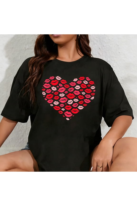 100% Cotton Kiss Lips Heart Valentine Love Valentines Day Womens Girls T-Shirt