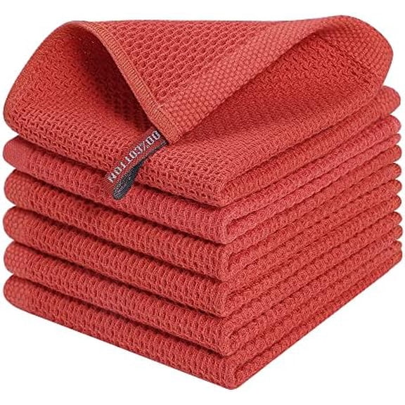 100% Cotton Kitchen Dish Cloths, 6 Pack Waffle Weave Ultra Soft Absorbent Dish Towels for Drying Dishes Quick Drying Kitchen Towels Dish Rags, 12 X 12 Inches, Brick Red