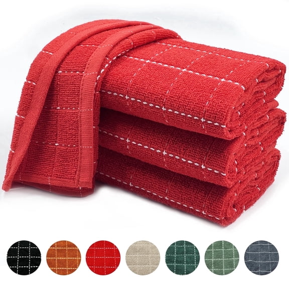 Furkithn 100% Cotton Kitchen Dish Towels, Super Soft and Absorbent Dish Cloths Washing Drying Dishes, 15" x 25", Red, 4 Pack