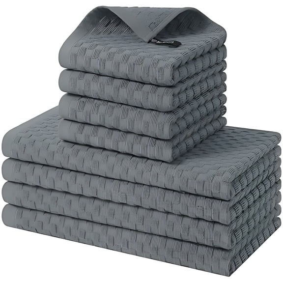 100% Cotton Kitchen Towels and Dishcloths Set, 12 x 12 & 15 x 25 Inches, Set of 8 Bulk Terry Cloth Dish Towels, Super Soft and Absorbent Hand Towel with Hanging Loop, Dark Grey