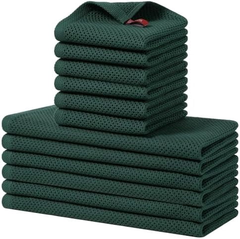 100% Cotton Kitchen Towels and Dishcloths Set, 12 x 12 Inches and 13 x 28 Inches, Set of 12 Bulk Kitchen Towels Set, Ultra Soft Absorbent Dish Cloths for Washing Dishes, Blackish Green