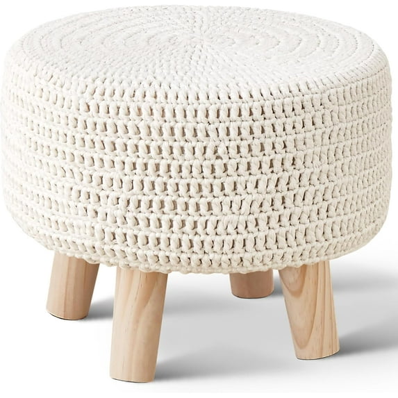 Pouf Ottoman, 100% Cotton Knitted Boho Footstool, Round Footrest with Non-Skid Wood Legs, Home Décor Handmade Pouffe, Leisure Floor Step Stool for Living Room (Beige)