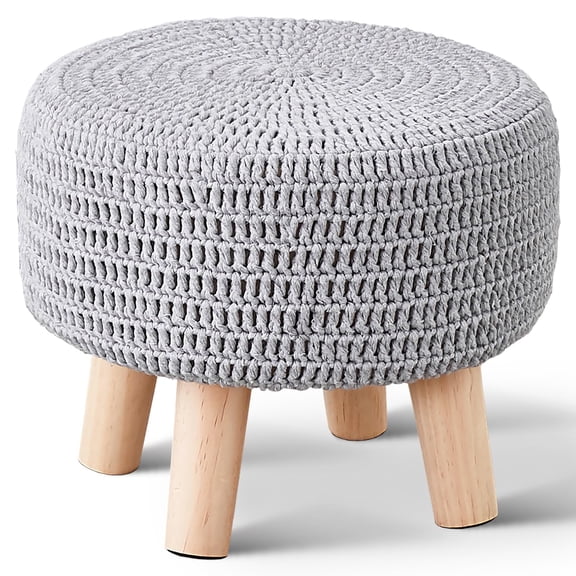 100% Cotton Knitted Boho Footstool, Round Footrest with Non-Skid Wood Legs, Home Décor Handmade Pouffe, Leisure Floor Step Stool for Living Room