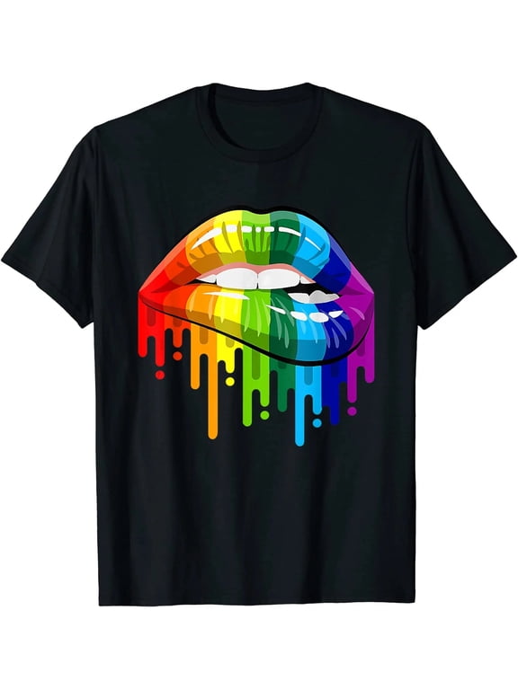 100% Cotton LGBTQ Pride Month T-Shirt Rainbow Lip Bite Graphic Tee Gay Bisexual Trans Equality Shirt Casual Apparel Gift for Men Women Adults