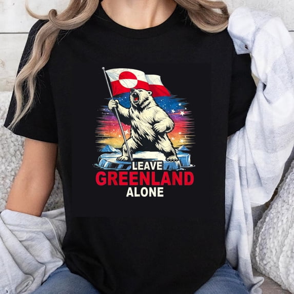 100% Cotton Leave Greenland Alone Polar Bear With Flag Design T-Shirt