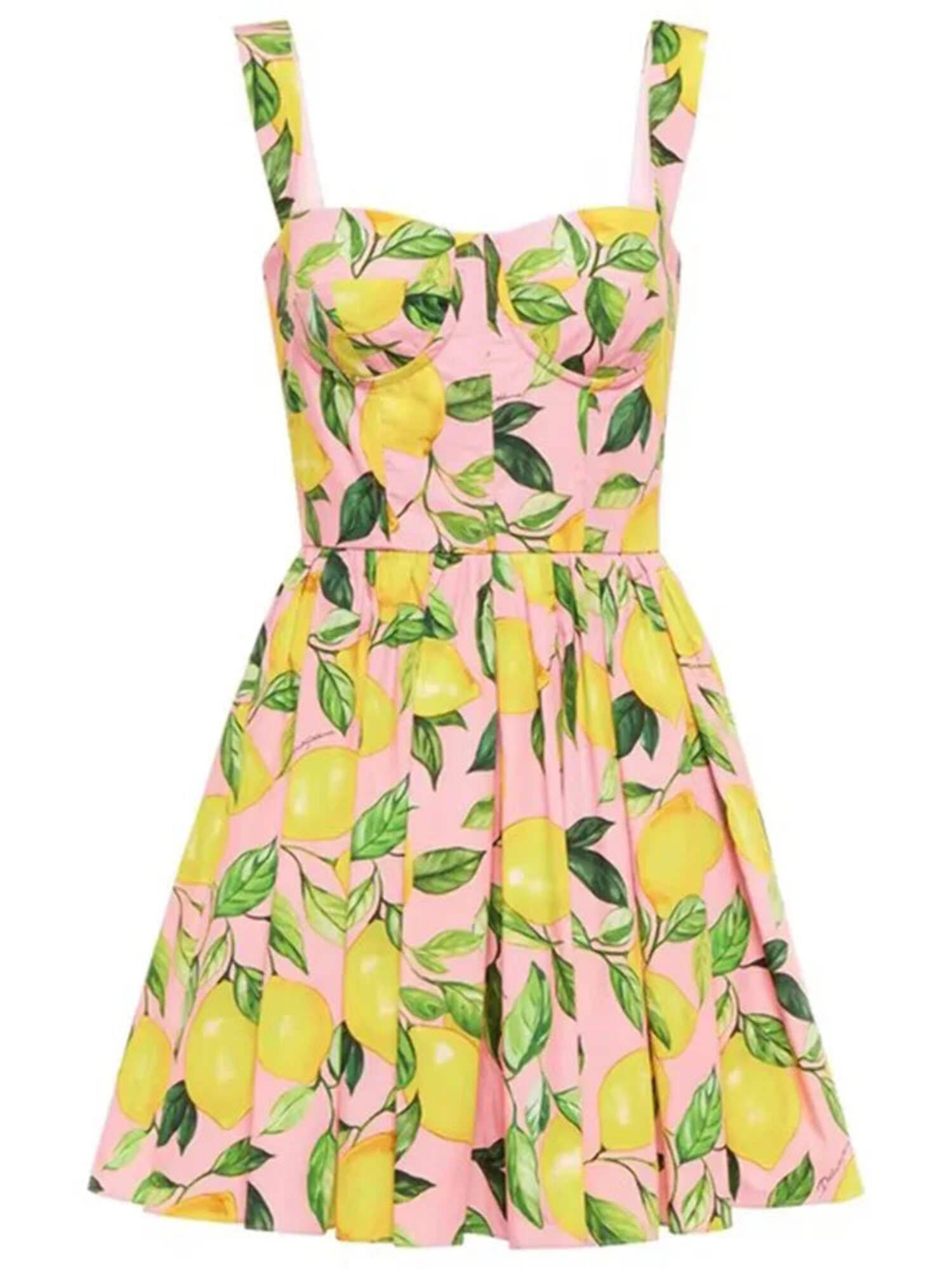 100 Cotton Lemon Printing Dress Summer Beach Holiday Spaghetti Strap