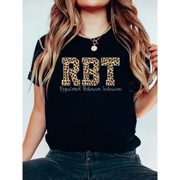 100% Cotton Leopard RBT Registered Behavior Technician ABA Therapist T-Shirt Women's Graphic Tee Casual Tops
