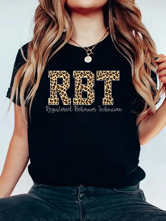100% Cotton Leopard RBT Registered Behavior Technician ABA Therapist T-Shirt Women's Graphic Tee Casual Tops