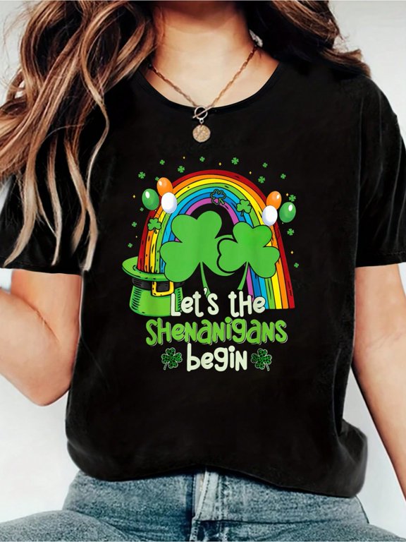 100% Cotton Let The Shenanigans Begin Funny St. Patrick's Day Shamrock Print Women's Gift T-Shirt, Round Crew Neck Soft Short Sleeve T-Shirt For Spring Summer, Fun Graphic Tops T-Shirts For Women