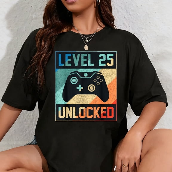 100% Cotton Level 25 Unlocked Video Gamer 25th Birthday Gifts T-Shirt