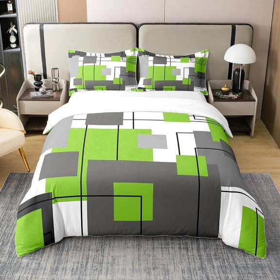 100% Cotton Lime Green Gray Geometric Bedding Set Full Black Grey White Geometry Square Duvet Cover Abstract Striped Comforter Cover Simple Lines Modern Bed Set 2 Pillow Cases