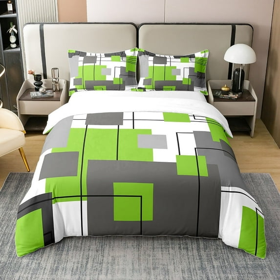 100% Cotton Lime Green Gray Geometric Bedding Set Full Black Grey White Geometry Square Duvet Cover Abstract Striped Comforter Cover Simple Lines Modern Bed Set 2 Pillow Cases