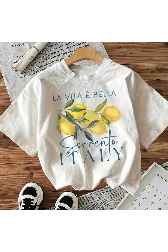 100% Cotton Loose Graphic Lemon Print T-S1Hirt S1Hort eeve Crew Neck C1Asual Top for Summer Spring