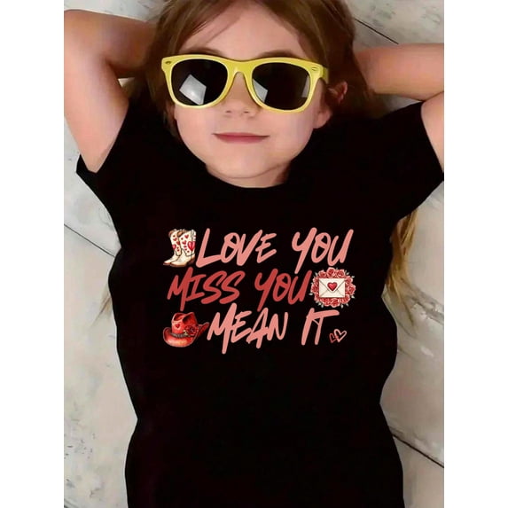 100% Cotton Love You Miss You Mean It Cowgirl Boots Hat Hearts Roses Kid T-Shirt Graphic T-shirts for boys and girls