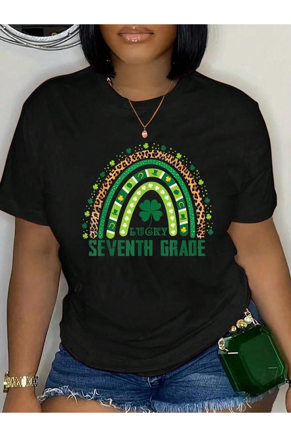 100% Cotton Lucky Seventh Grade Teacher School St. Patrick's Day Rainbow T-Shirt for Men Women Kids Print Round Neck Cotton T-Shirt, Summer Women's Tops, gift