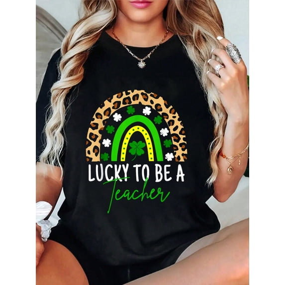 100% Cotton Lucky To Be A Teacher Rainbow Teacher St Patricks Day T-Shirt Printed Cotton T-Shirts For Summer, Soft And Breathable, Fashionable And Comfortable Graphic Tees