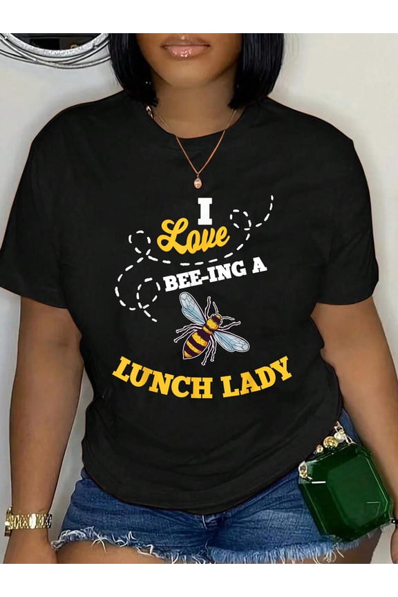 100% Cotton Lunch Lady Bee Lover Cafeteria School Food Service Crew T-Shirt Women's Graphic Tee Casual Tops
