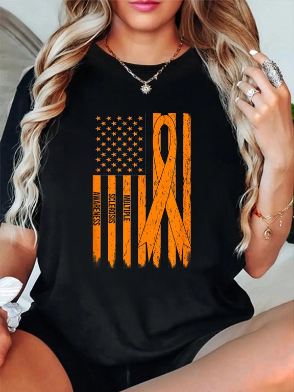 Cotton MS Awareness Gift Shirt for Women MS Ribbon and Flag T-Shirt Women's Graphic Tee Casual Tops