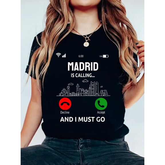 100% Cotton Madrid is Calling Design Vacation City Trip Spain T-Shirt Women's Graphic Tee Casual Tops