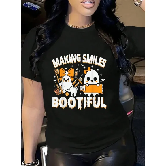 100% Cotton Making Smiles Bootiful Halloween Funny Ghost Dentist Dental T-Shirt Women's Tee Causal Breathable Classic Comfort Tops