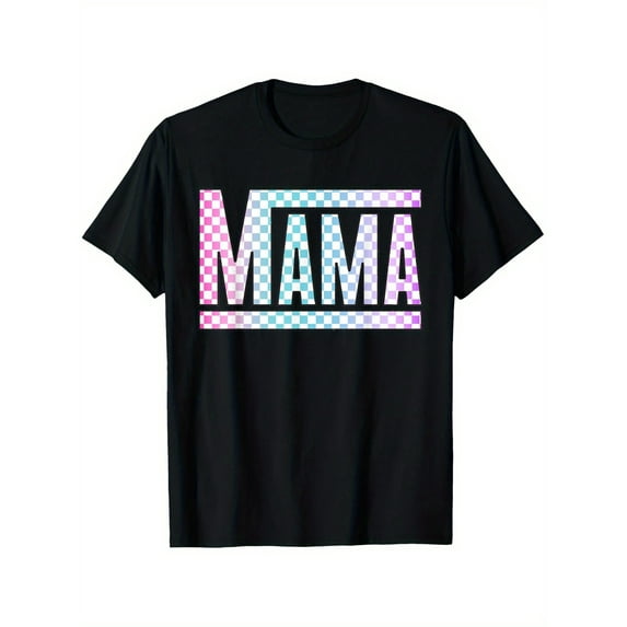 100% Cotton Mama Checkered Glow T-Shirt – Fun & Colorful Gift for Moms,Unisex Outdoor Tee with Neon "MAMA" Print, Sizes S-XXXL