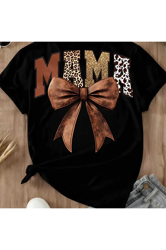 100% Cotton Mama Leopard Print And Bow Graphic Tee Oversized T Shirt White Casual Loose Fit Top For Women Mother Day Gift Golf Gift T-Shirt For Men and Women