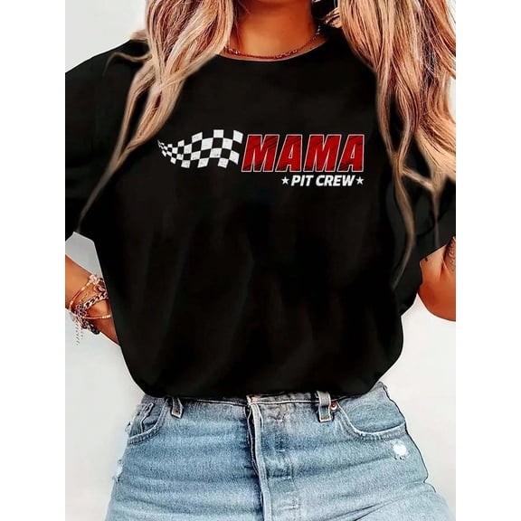 100% Cotton Mama Pit Crew Race Car Birthday Family Matching Pit Crew T-Shirt Print T-Shirt Casual Crew Neck Short Sleeve Comfort Tee Top For Spring & Summer Women's Clothing