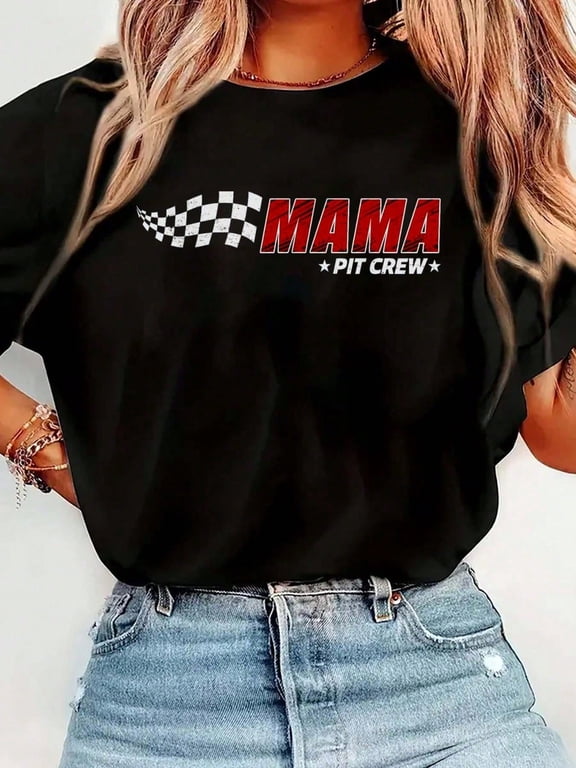 100% Cotton Mama Pit Crew Race Car Birthday Family Matching Pit Crew T-Shirt Print T-Shirt Casual Crew Neck Short Sleeve Comfort Tee Top For Spring & Summer Women's Clothing