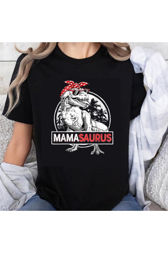 100% Cotton Mama Saurus Dinosaur Mom T-Shirt With Red Bandana And Tropical Background Design For Women And Mothers T-Shirt