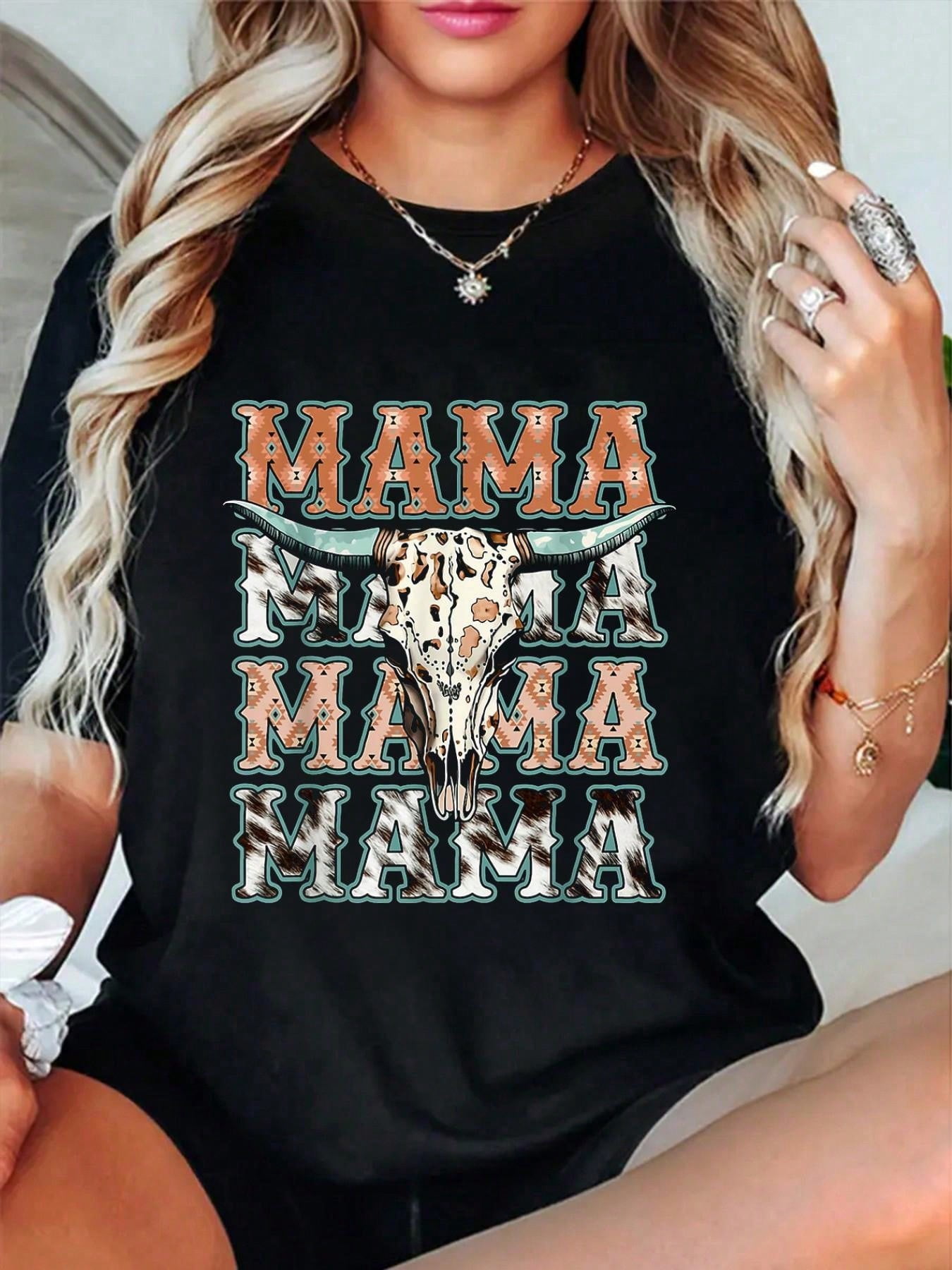 100% Cotton Mama Western Retro Groovy Cow Skull Country Rodeo Mother ...