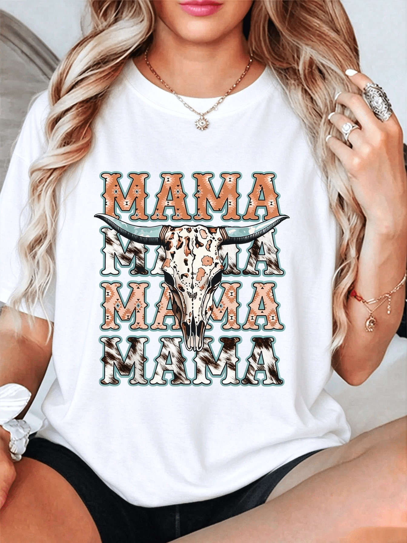 100% Cotton Mama Western Retro Groovy Cow Skull Country Rodeo Mother ...